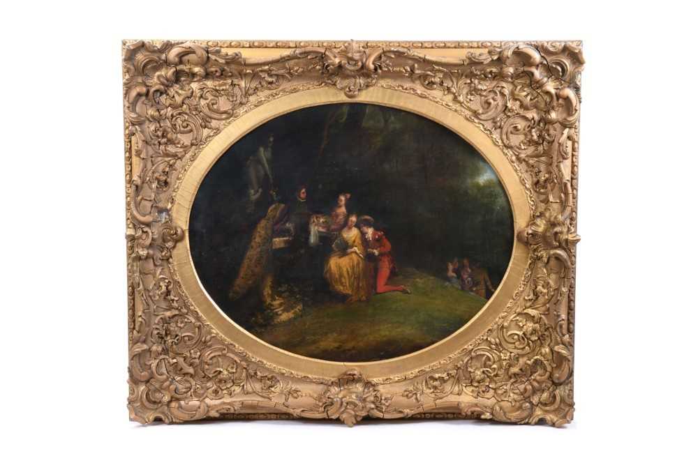 Lot 1236 - Manner of Nicolas Lancret (1690-1743), 18th century oval oil on canvas - elegant figures and a peacock in an ornamental garden, 45cm x 57cm, in ornate gilt frame