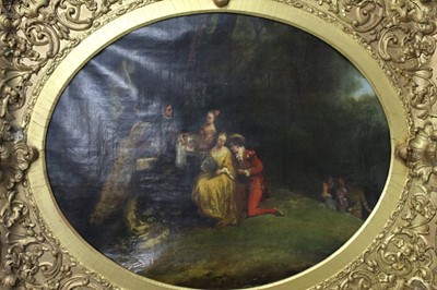 Lot 1236 - Manner of Nicolas Lancret (1690-1743), 18th century oval oil on canvas - elegant figures and a peacock in an ornamental garden, 45cm x 57cm, in ornate gilt frame