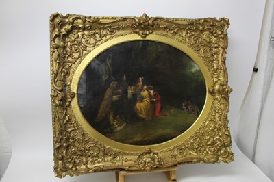 Lot 1236 - Manner of Nicolas Lancret (1690-1743), 18th century oval oil on canvas - elegant figures and a peacock in an ornamental garden, 45cm x 57cm, in ornate gilt frame