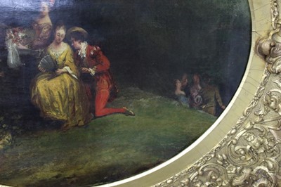 Lot 1236 - Manner of Nicolas Lancret (1690-1743), 18th century oval oil on canvas - elegant figures and a peacock in an ornamental garden, 45cm x 57cm, in ornate gilt frame