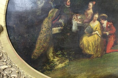 Lot 1236 - Manner of Nicolas Lancret (1690-1743), 18th century oval oil on canvas - elegant figures and a peacock in an ornamental garden, 45cm x 57cm, in ornate gilt frame