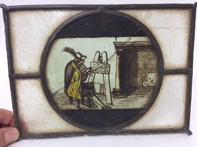 Lot 991 - Four 18th / 19th century stained glass panels, each with a circular reserve depicting figures representing an artist, a sculptor, a teacher and a musician. Each approximately 14.5cm x 19.5cm.