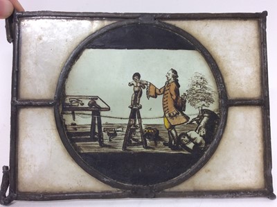 Lot 991 - Four 18th / 19th century stained glass panels, each with a circular reserve depicting figures representing an artist, a sculptor, a teacher and a musician. Each approximately 14.5cm x 19.5cm.