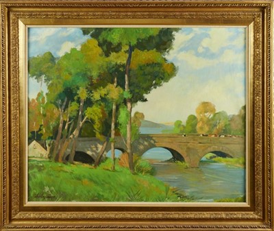 Lot 1240 - Mid 20th century, Continental School, oil on canvas - Bridge over a River, indistinctly signed, 66cm x 81cm, in gilt frame