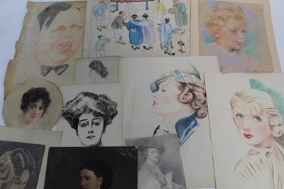 Lot 1265 - Collection of stylish 1920s and 30s watercolour and pastel portraits of young ladies, other portrait sketches, Victorian pen and ink illustrations and a caricature of Hitler, all unframed - 20 in t...