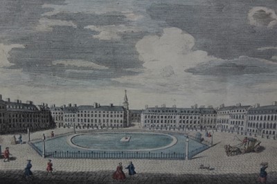 Lot 1246 - 18th century hand coloured engraving - 'A Perspective View of St. James's Square, printed for Robert Sayer, circa 1770, 17cm x 27.5cm, in glazed frame