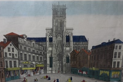 Lot 1248 - Early 19th century hand coloured Vue d'optique engraving - 'Vue de la Cathedrale de Rouen Portal du Midi, circa 1800, 30cm x 43cm, in glazed frame