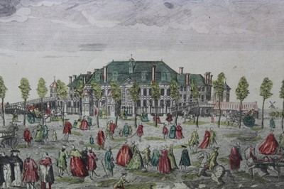 Lot 1249 - 18th century hand coloured engraving - 'Vue de la Nouvelle Avanture Situee dans le Fauxbourg Norte Dame a Lille', circa 1760, 25cm x 46cm, in glazed frame