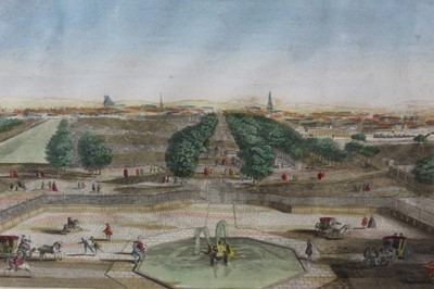 Lot 1250 - 18th century hand coloured Vue d'optique engraving - 'Vue de Parc St. James a Londres et du Canal de Buckingham prise de la cour l'hotel de meme nom', circa 1760, 29.5cm x 44.5cm, in glazed gilt fr...