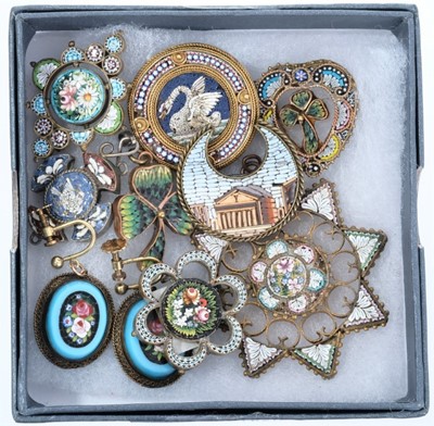 Lot 682 - Group of 19th century Italian micromosaic jewellery to include a fine quality brooch depicting a swan, a pair of earrings, and various pendants and brooches.