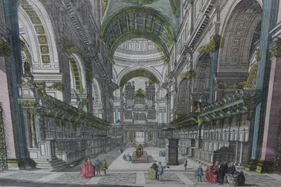 Lot 1253 - 18th century hand coloured engraving - 'Vista en Prespectiva de la Yglesia Cathedral de Santo Paolo de Londres', circa 1760, D. G. Hughie really, Paris, 32cm x 47cm, in glazed frame