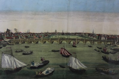 Lot 1254 - 18th century hand coloured engraving - 'Prospectus Pontis Westmonasteriensis Londini Viso Del Ponte De Westminster A Londra', circa 1760, 29cm x 39cm, in glazed frame