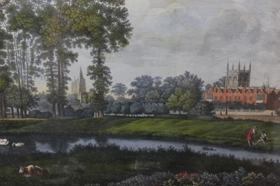 Lot 1255 - 18th century hand coloured engraving - 'A View of Magdalen College and part of the University of Oxford', published by R. Sayer 1773, 32cm x 47cm, in glazed frame