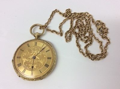 Lot 710 - 19th century Swiss 18ct gold fob watch with key wind movement, engraved gold dial in 18ct gold car with finely engraved decoration, 39mm, on a yellow metal chain.