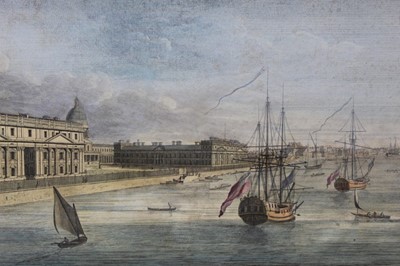 Lot 1257 - Two 18th century hand coloured engravings - 'A View of Greenwich Hospital', published by Boydell 1751, 25cm x 41cm and 'A View of Somerset Place and the Church of St. Mary-le-Strand, London', print...