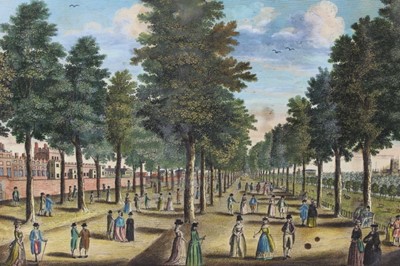 Lot 1258 - Three 18th century hand coloured engravings - 'The Royal Palace of St. James's, London next the Park', circa 1760, 23cm x 40cm, mounted, 'A View of the City of London as it appears under one of the...