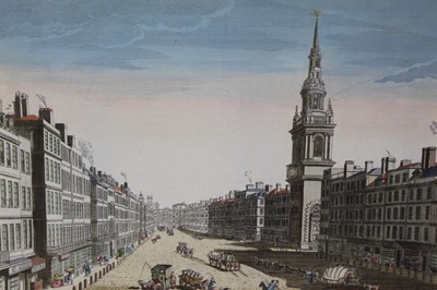 Lot 1259 - Three 18th century hand coloured engravings - 'A View of the Custom House with part of the Tower...', published 1753, 26cm x 40cm, 'La Grande Rue et l'Eglise St Marie de Londres, circa 1760, 33cm x...