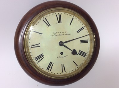 Lot 769 - Small 19th century wall clock with painted 8" dial signed Payne & Co, 163 New Bond Street, London, single fusee movement in circular mahogany case, 28 cm diameter - key and pendulum present