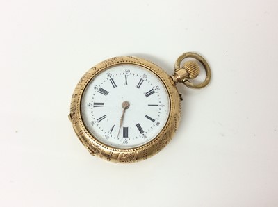 Lot 713 - Late 19th century Swiss 18ct gold fob watch with enamel dial in engraved gold case. 32mm diameter.