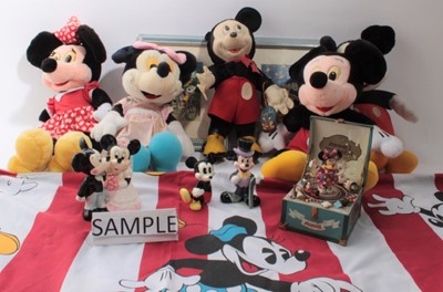 Lot 1722 - One box of various Mickey Mouse including vintage Merrythought soft Mickey Mouse, figurines, toys and fabrics.