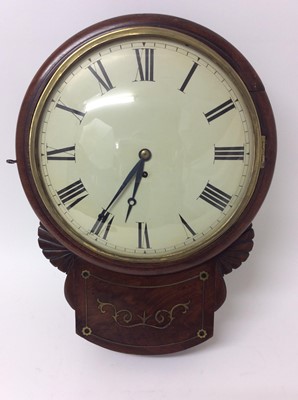 Lot 775 - Regency drop dial wall clock with 12" painted dial , single fusee movement in brass inlaid mahogany case , 51 cm high