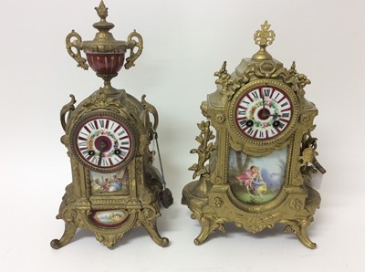 Lot 776 - Two late 19th century French gilt metal and porcelain mounted mantel clocks decorated with romantic scenes ,36 and 38 cm high, both with keys and pendulums  (2)