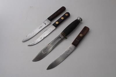 Lot 895 - Second World War period fighting knife by William Rogers together with a Victorian hand forged double shearer knife by George Butler, a Bushman's friend knife, and one other (4)