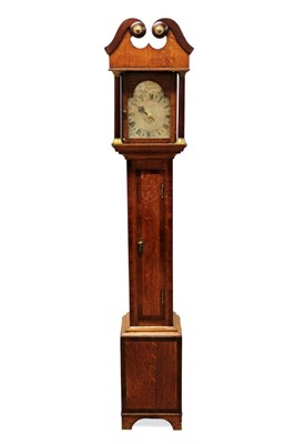 Lot 788 - 19th century minature 30 hour longcase clock with arched silvered dial, single hand and central alarm dial signed in arch Wm Dradge, Leighton in oak case with mahogany crossbanding , pendulum and...