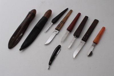 Lot 475 - Two Oyster knives, together with six Quill knives and a miniature cut throat razor (9)