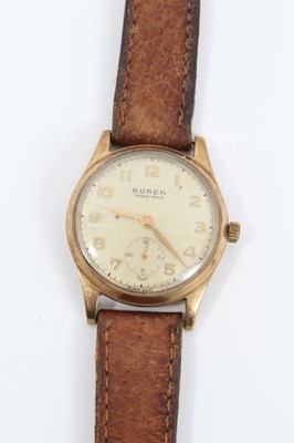 Lot 211 - 9ct gold vintage Buren wristwatch on brown leather strap