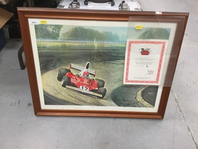 Lot 1889 - Lawrence Klonaris, signed limited edition print of Niki Lauda, 1975 World Champion, Ferrari 312 B3 no. 306 of 500, signed by the artist and Niki Lauda, in glazed frame