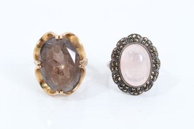 Lot 220 - 9ct gold smoky quartz cocktail ring and rose quartz ring in silver setting