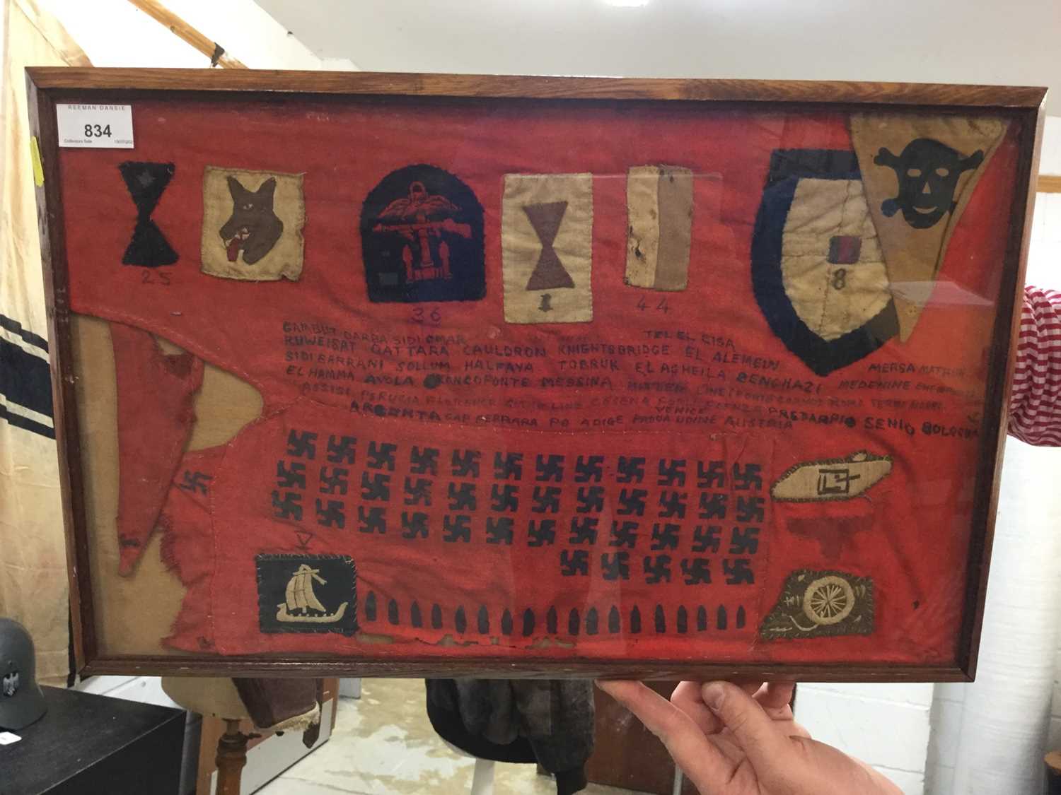 Lot 834 - Interesting Second World War pennant, a sovenir of The North African campaign, with Battle Honours named in ink, depictions of Swastikas and Artillery shells, together with a selection of British d...