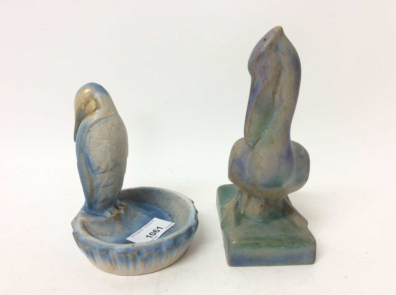 Lot 1061 - Two 1930s Denby Danesby Ware - bird at bird bath and heron, both by Donald Gilbert, 13.5cm and 17.5cm