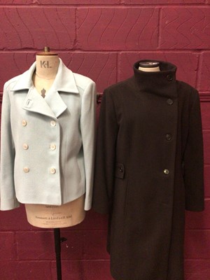 Lot 1974 - Brown Cashmere and wool mix coat, grey Herringbone wool mix double breated short jacket and pale blue wool and Angora mix jacket all size 16 .  Also a black and cream stripe 3/4 length wool coat si...