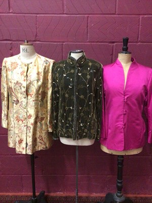 Lot 1975 - Beaded green velvet jacket by Beatrice von Tresckow and a gold floral brocade 3/4 coat by Paule Vasseur.