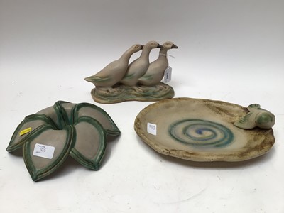 Lot 1065 - Three 1930s Denby Danesby Ware items including bird in bird bath, three geese and a posy vase