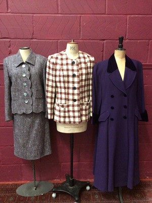 Lot 1976 - Caroline Charles Purple wool crepe long coat with velvet trim size 12 , Laura B purple tweed skirt suit, three Donald Campbell jackets, two are boucle and one black.  Plus a wool and cashmere black...