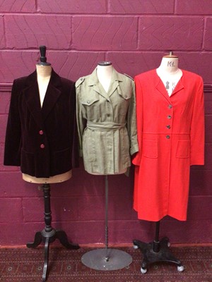 Lot 1978 - Paul Costello Dressage linen jacket, Laura B plum velvet jacket, red coat and navy and white polka dot skirt suit.  Plus a Rino and Pelle Teddy Bear coat and a green Austrian coat.