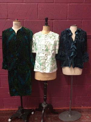 Lot 1980 - Beatrice von Tresckow velvet devore jacket with ruffles, devore velvet skirt suit by Donald Campbell, plus three more jackets by Donal Campbell.