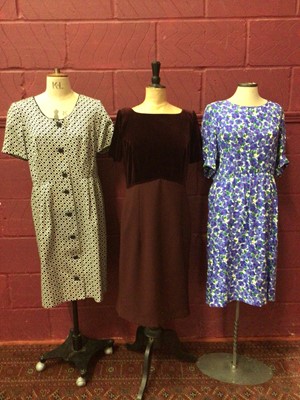 Lot 1981 - Selection of dresses by Donald Campbell and Laura B, mainly size 14 and 16, silk, velvet, button through, waisted.