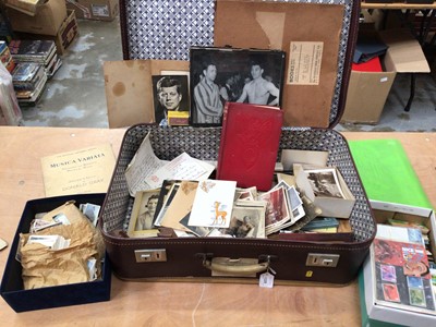 Lot 1329 - One suitcase of mixed ephemera including postcards, Brooke Bond and Jubbly cards, family and other photographs,some First Day Covers, quantity of Phone Cards (many £5/£10) in shoe box etc.