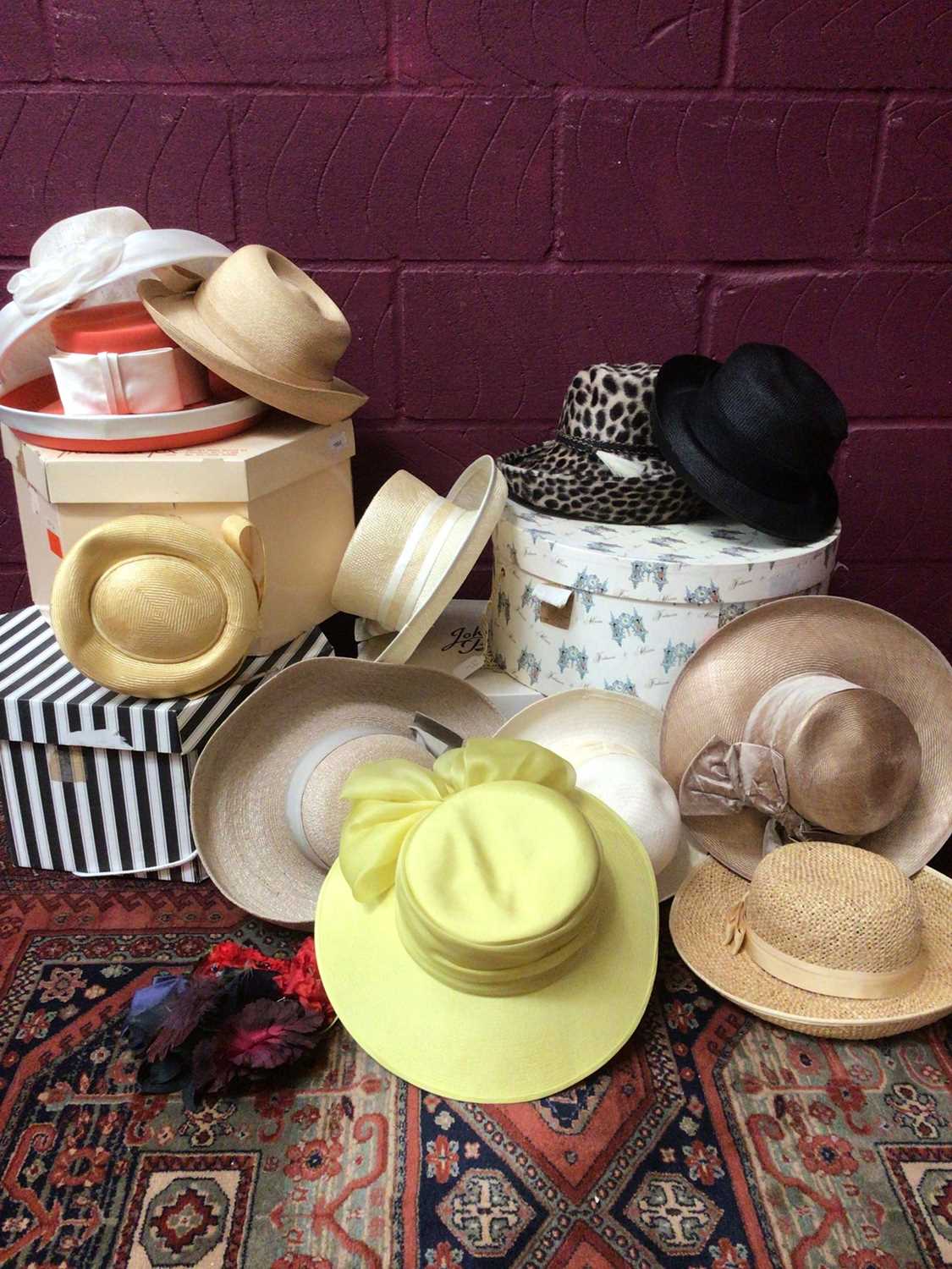 Lot 1984 - A collection of 'Occasion' hats makers include Frederick Fox in original box, John Boyd Straw Pill Box hat in original box, Philip Sommerville, Whiteley faux leopard,hat.  A large Fortnam and Maso...