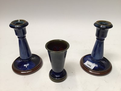 Lot 1066 - Collection of blue glazed Bourne Denby items including pair of candlesticks, 17cm high, jugs, vases etc 6 pies