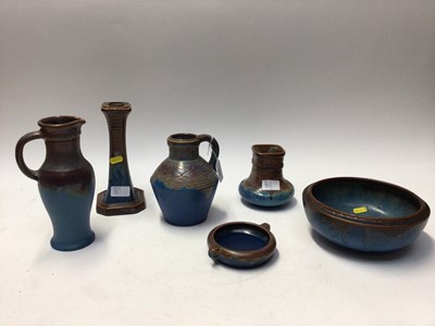 Lot 1067 - Collection of Bourne Denby Danesby Ware blue and brown glazed items including lamp base, jugs, vase and bowls (6)