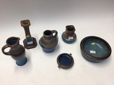 Lot 1067 - Collection of Bourne Denby Danesby Ware blue and brown glazed items including lamp base, jugs, vase and bowls (6)