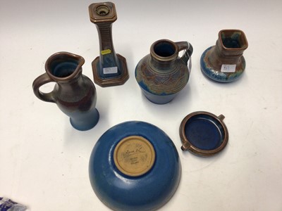 Lot 1067 - Collection of Bourne Denby Danesby Ware blue and brown glazed items including lamp base, jugs, vase and bowls (6)