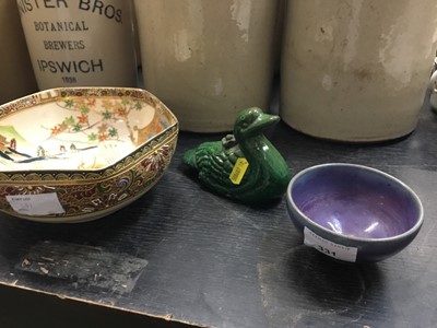 Lot 331 - Flambé studio pottery bowl, pottery green glazed duck, Japanese bow