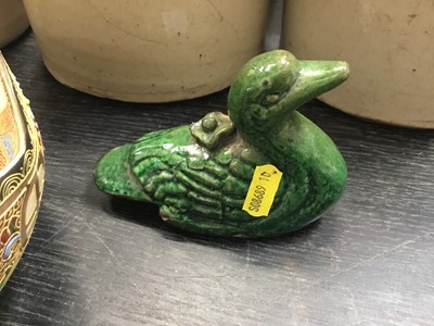 Lot 331 - Flambé studio pottery bowl, pottery green glazed duck, Japanese bow