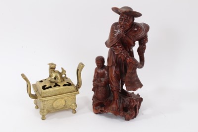 Lot 731 - Chinese carved wooden figural group and lidded brass censor